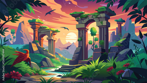 Serene Sunset Landscape Ancient Ruins and Lush Greenery at Golden Hour