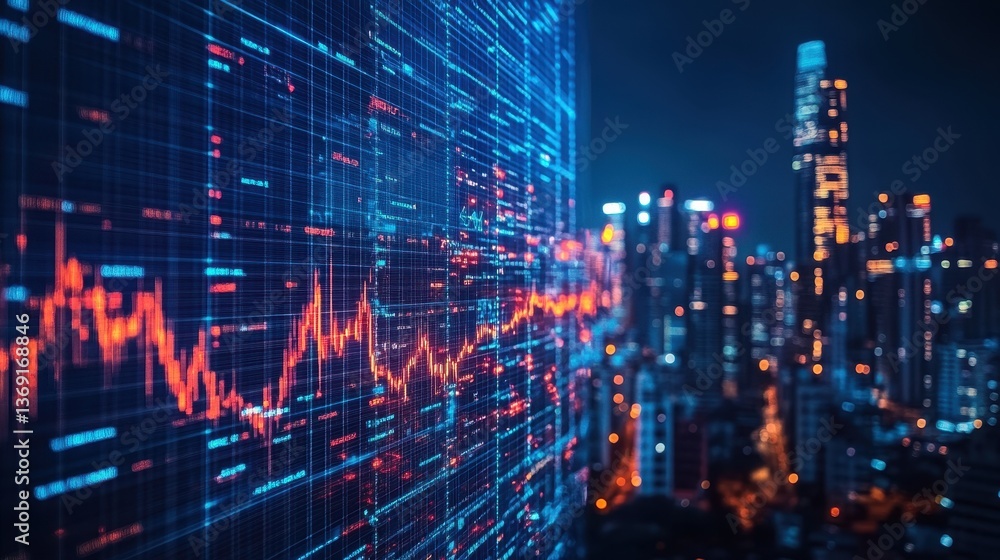 Fototapeta premium Night Cityscape with Dynamic Data Visualization