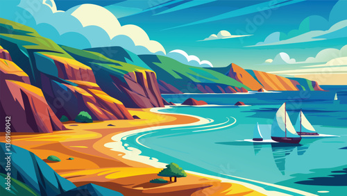 Scenic Coastal Landscape Painting Sailboats Beach Ocean Cliffs Summer Idyllic Seascape