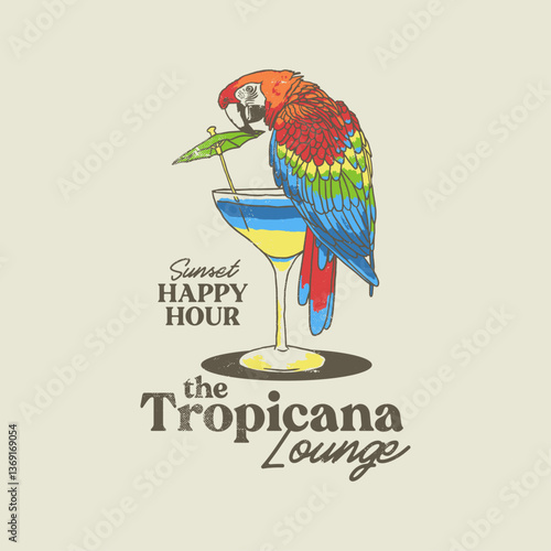 HAND DRAWN VINTAGE TROPICAL PARROT BIRD HAWAIIAN ANIMAL COCKTAIL DRINK FOOD BAR RESTAURANT BEACH RESORT OCEAN TRAVEL DESTINATION TSHIRT TEE PRINT FOR APPAREL MERCHANDISE