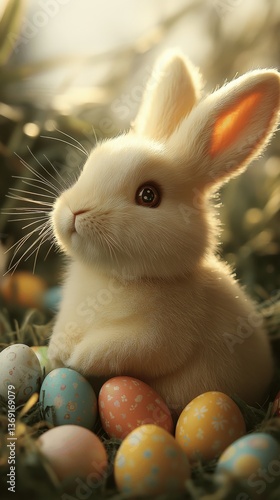 Wallpaper Mural Adorable Fluffy White Bunny Sitting Among Colorful Decorated Easter Eggs in Beautiful Springtime Nature Setting Perfect for Easter Holiday Celebrations and Greetings Torontodigital.ca