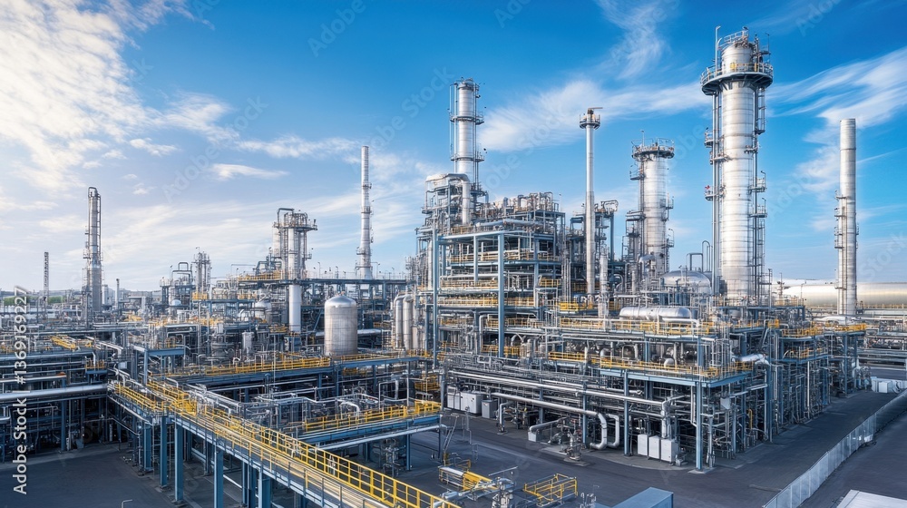 A large-scale chemical processing plant with industrial distillation towers. A large-scale chemical processing plant with industrial distillation towers.