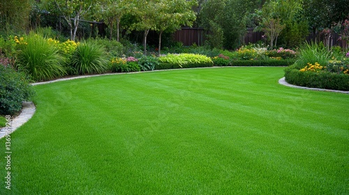 A beautiful lush green lawn with surrounding colorful landscaping