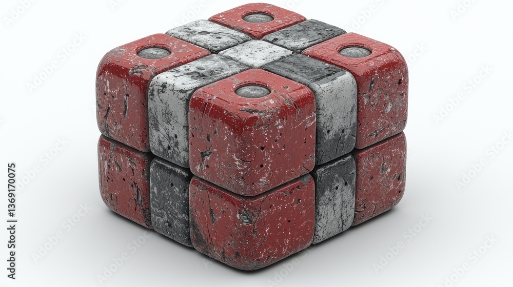 Obraz premium Abstract Red and Gray Cube Composition: A 3D Render of Interlocking Blocks with a Weathered Texture