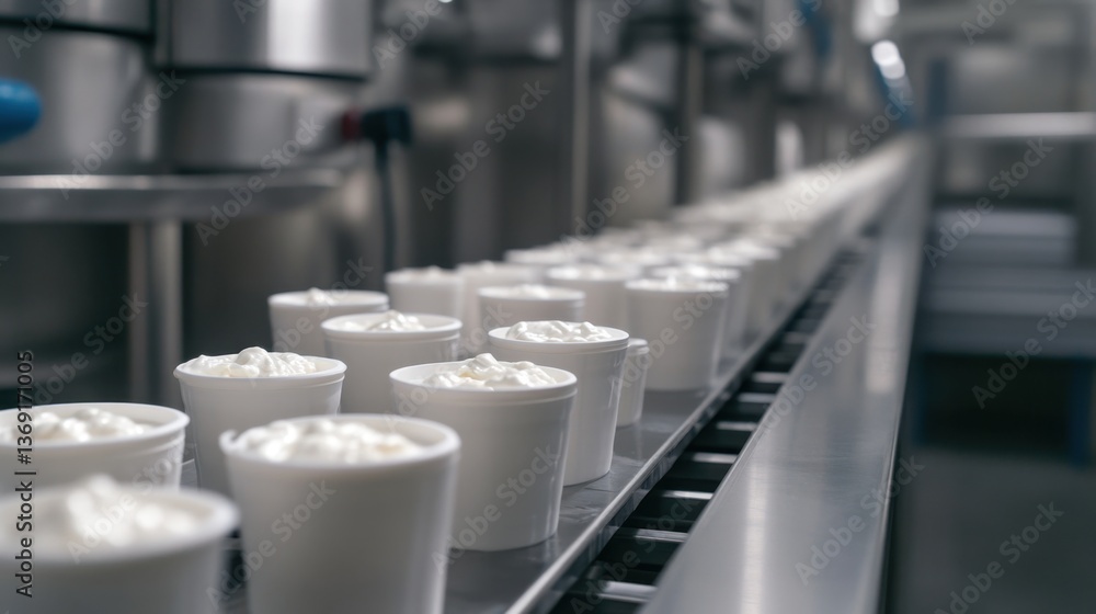 A modern dairy processing plant production line packaging yogurt containers. A modern dairy processing plant production line packaging yogurt containers.