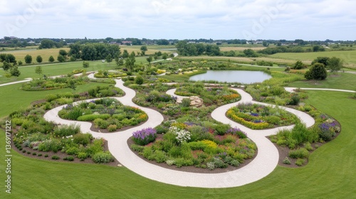 Fototapeta Naklejka Na Ścianę i Meble -  A beautiful garden with winding pathways and a small lake