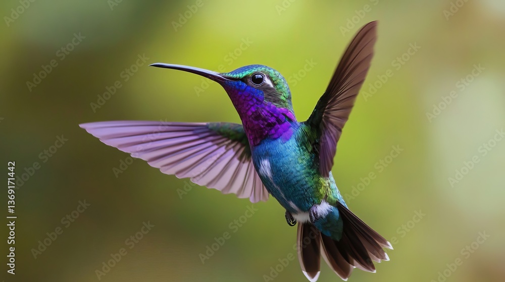 Fototapeta premium Vibrant Purple Throated Hummingbird in Flight Beautiful Nature Photography Wildlife Bird Avian Exotic Tropical Feather Wings Bird Photography Green 