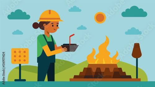 A worker monitoring the temperature and moisture levels of the peat as it dries ensuring the briquettes will burn efficiently and cleanly for. Vector illustration
