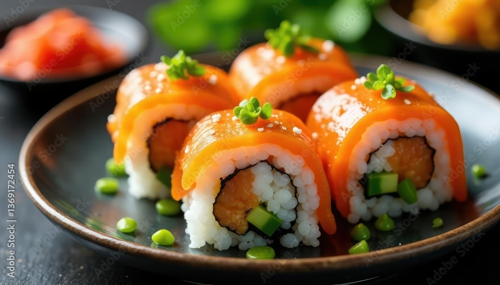 Colorful sushi rolls on a plate, wasabi, ginger, lunch, foodphotography, rolls Colorful sushi rolls on a plate, wasabi, ginger, lunch, foodphotography, rolls