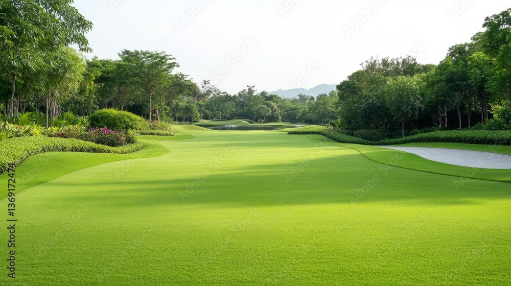 Obraz premium Beautiful green golf course landscape with lots of trees around it