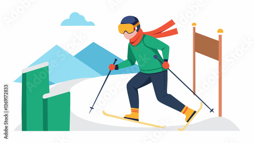 A visually impaired skier navigates through gates and obstacles on the slopes guided by verbal cues from their partner.. Vector illustration
