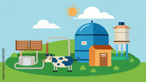A rustic biogas plant set up on a dairy farm using cow manure as the primary source of fuel for electricity generation.. Vector illustration