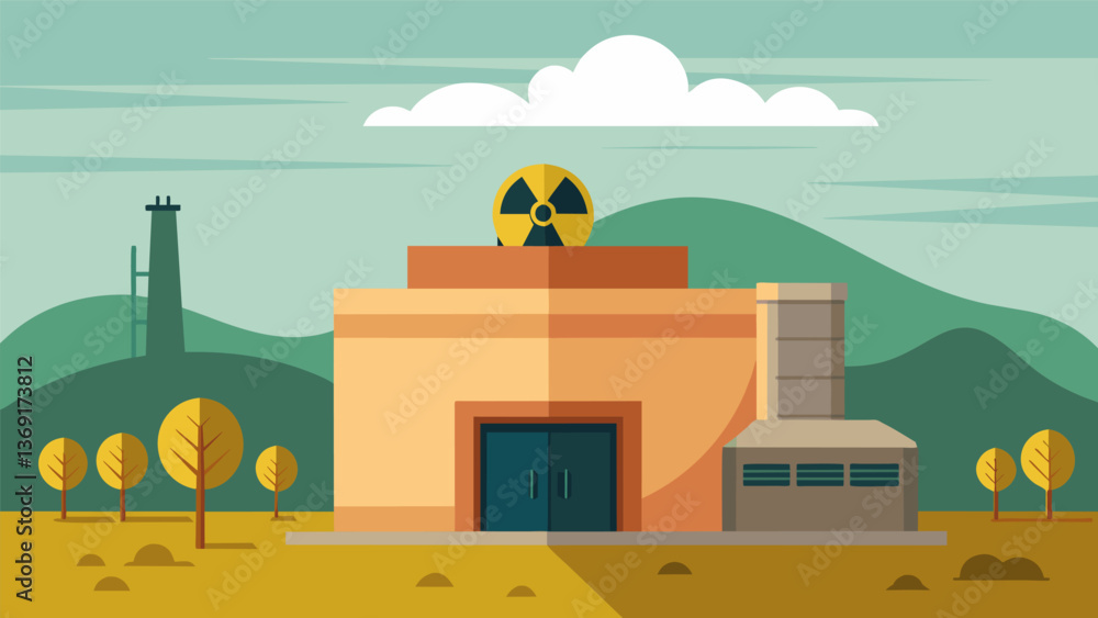 A small unassuming building where nuclear waste is stored underground its location kept secret for security purposes.. Vector illustration A small unassuming building where nuclear waste is stored underground its location kept secret for security purposes.. Vector illustration