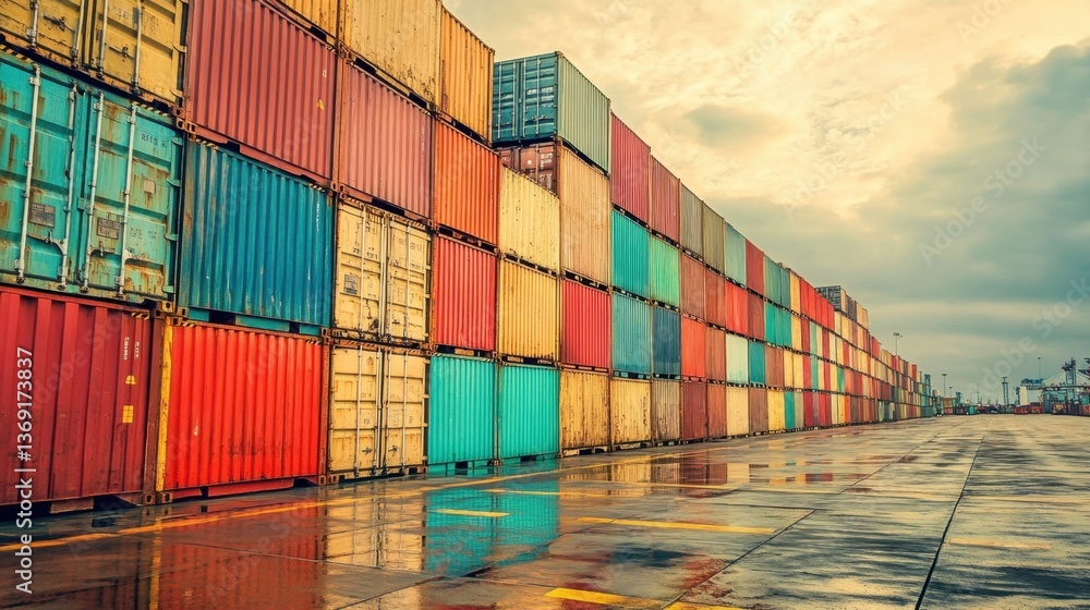 Fototapeta premium A set of stacked shipping crates in an industrial logistics hub.