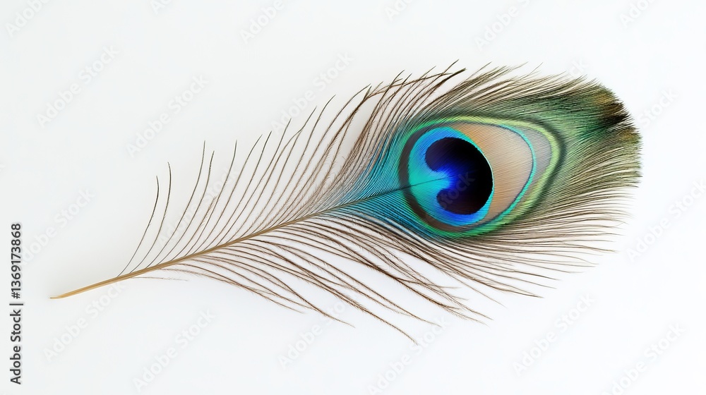 Obraz premium Beautiful Single Peacock Feather Isolated on White Background Elegant Nature Detailed Macro Shot Vivid Colors Tropical Bird Plume Detailed Texture 