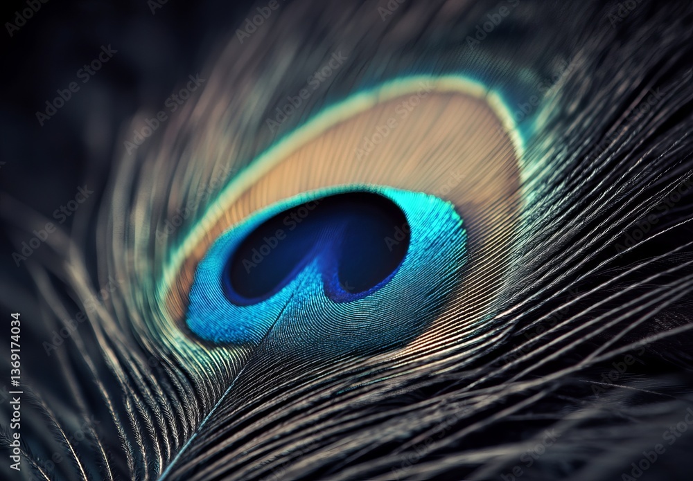 Obraz premium Closeup Detailed Macro Shot of a Vibrant Peacock Feather Exquisite Teal Blue Eye Pattern Natural Detailed Texture Background Image art bird dark high 