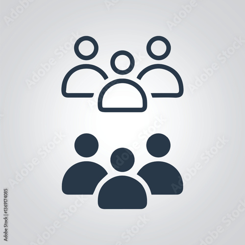 People icon collection, group team icons, signs, and a silver abstract background