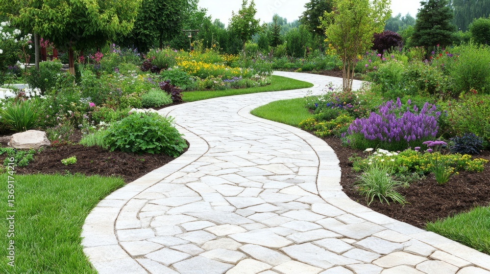 A winding stone pathway meanders through a lush vibrant flower garden A winding stone pathway meanders through a lush vibrant flower garden