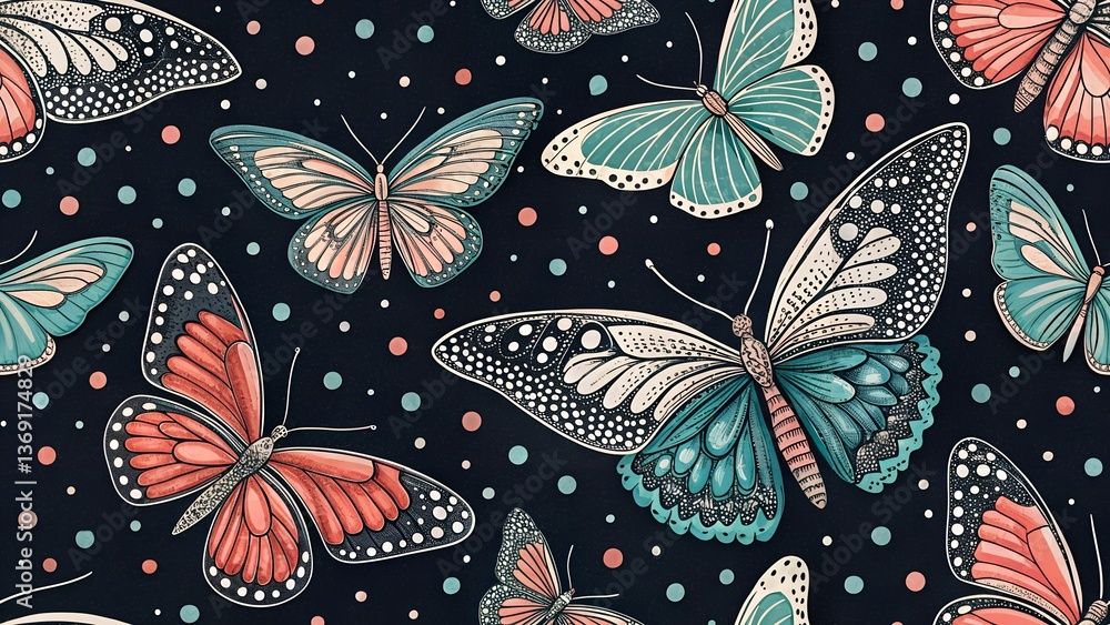 Naklejka premium Beautiful seamless pattern featuring various butterflies on black background with white polka dots, showcasing intricate details and vibrant colors 