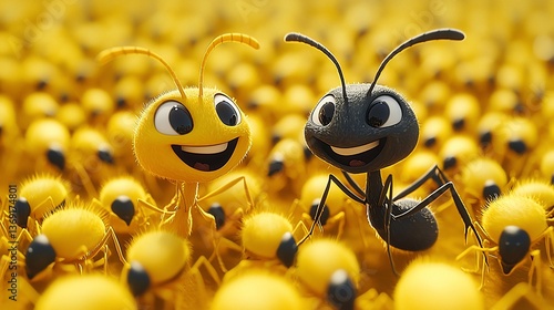 Happy ants in field, teamwork, sunny day, nature