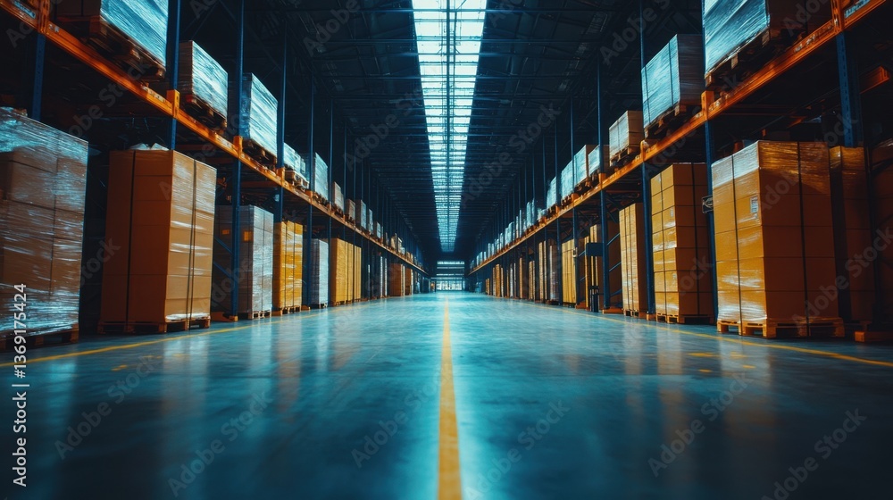 Fototapeta premium A warehouse floor with cargo stacked and ready to be moved in an industrial logistics environment.