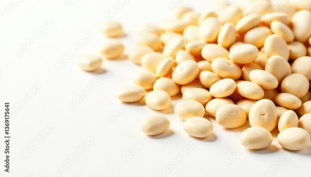 Scattered dried white beans on white background, pile, dry Scattered dried white beans on white background, pile, dry