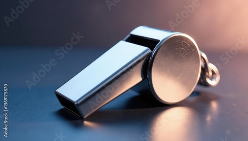 Silver metal whistle, shiny surface, isolated , white background, object