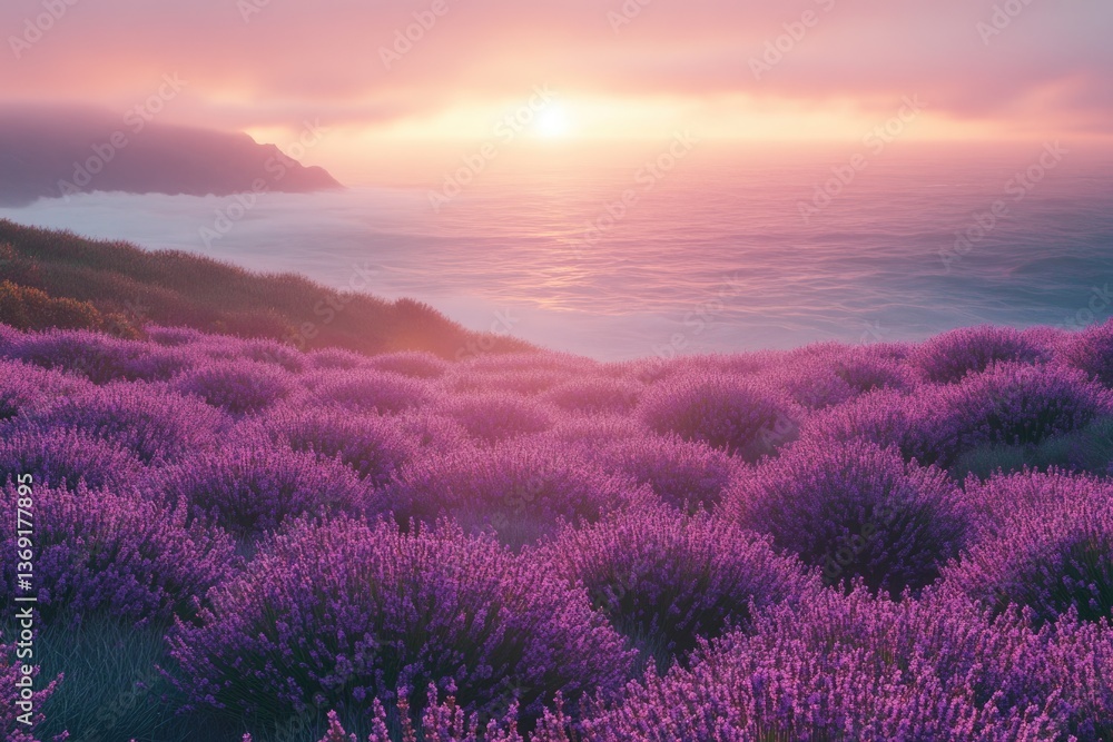 Fototapeta premium Lavender field at sunset overlooking a misty ocean and distant mountains. Serene and beautiful landscape.
