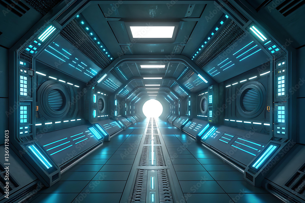 Futuristic Sci-Fi Tunnel with Glowing Blue Lights and Metallic Design Futuristic Sci-Fi Tunnel with Glowing Blue Lights and Metallic Design
