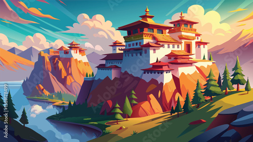 Majestic Bhutanese Dzong Fortress on Mountaintop Scenic View Breathtaking Landscape Illustration