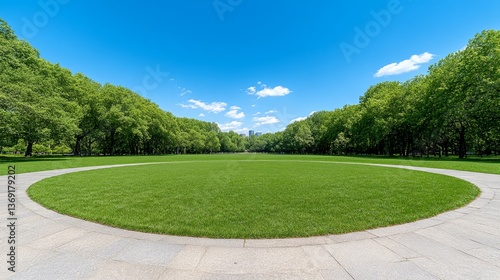 A vibrant green park under a beautiful bright blue sky