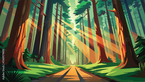 Sunbeams Illuminate Forest Path A Scenic Road Through Tall Trees