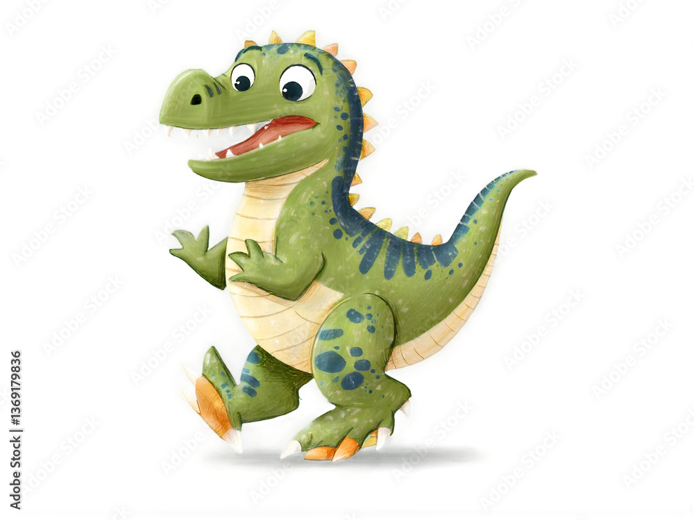 Naklejka premium Delightful depiction of a spirited baby Velociraptor illustration, capturing its joyful exuberance and whimsical nature in an artistic way, emphasizing playful movement