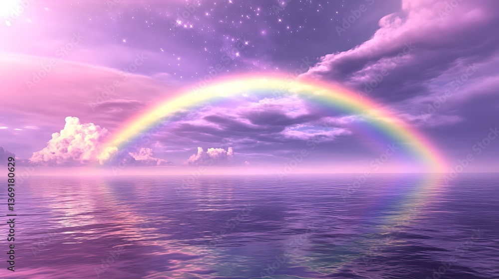 Vibrant rainbow arching over a calm reflective water surface under pastel clouds and twinkling stars creating a magical scenery Vibrant rainbow arching over a calm reflective water surface under pastel clouds and twinkling stars creating a magical scenery