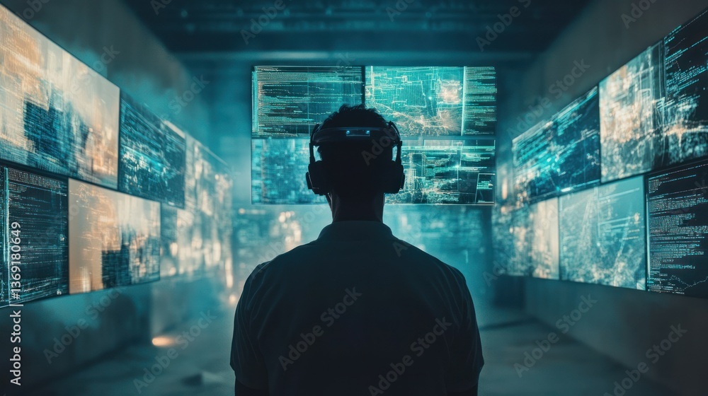 Man facing wall of monitors displaying digital data; futuristic tech scene. Man facing wall of monitors displaying digital data; futuristic tech scene.