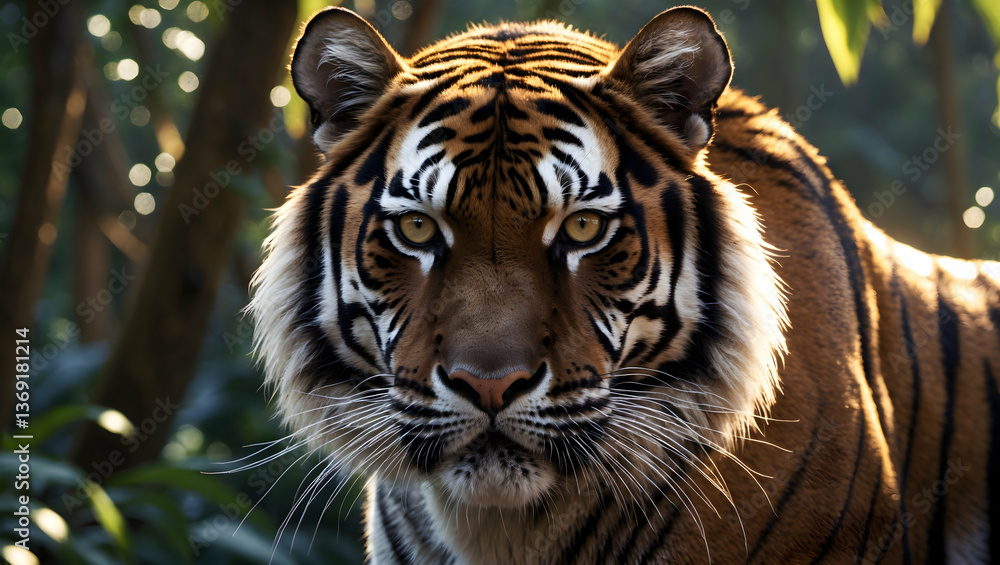 Fototapeta premium Majestic close-up of a tiger gazing fiercely in its natural habitat with striking fur details