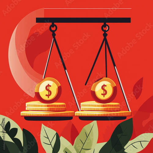 Golden coins with dollar signs balanced on a scale against a red background with foliage – financial stability, investment equality, economic balance and sustainability concept