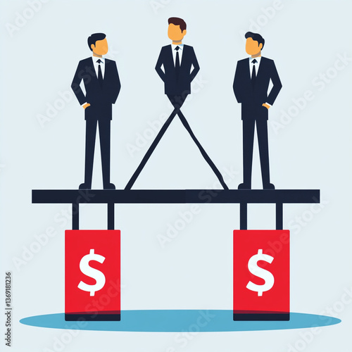 Businessmen standing on a financial balance beam concept with hanging red blocks featuring dollar symbols – metaphor for economic equality, teamwork, and income distribution
