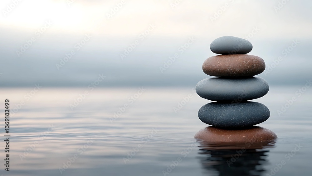 Stacked smooth stones balanced on calm water surface peaceful zen meditation concept with soft reflection serene scene
Stacked smooth stones balanced on calm water surface peaceful zen meditation concept with soft reflection serene scene