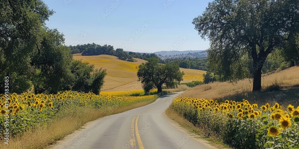 Naklejka premium Scenic country road lined with sunflowers and rolling hills under a clear blue sky.