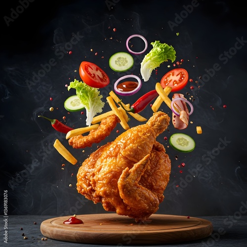 Roasted Whole Chicken with Floating Vegetables, Creative Food Art: Chicken Surrounded by Fresh Ingredients, Delicious Roast Chicken with Vibrant Vegetables