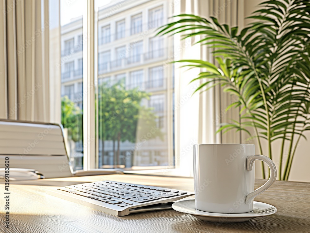 Fototapeta premium Modern office workspace with a keyboard, coffee mug, and a large window overlooking a city street, showcasing a calm and productive atmosphere.