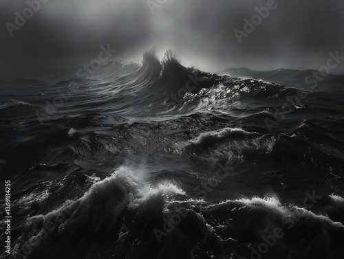 Vast monochrome ocean scene black white cinematic seascape with deep contrast mist rising from the horizon waves captured in high definition grainy texture artistic fine art photography aesthetics