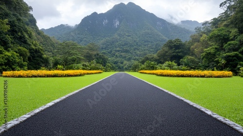An asphalt road stretches toward the mountains in a landscape