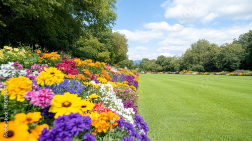 A Vibrant Floral Garden Bordering a Large Green Open Field