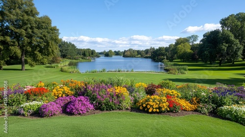 A Beautiful Scenic Landscape Featuring Flowers Water And Greenery