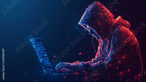 Anonymous hacker working on laptop with polygonal server design, cybersecurity concept, minimalistic style with ample copy space