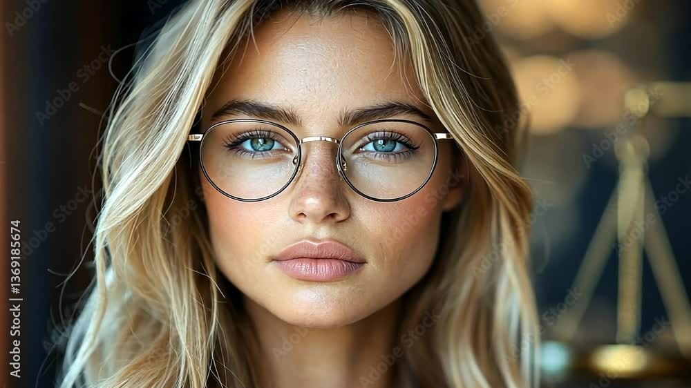 Portrait of a Young Blonde Woman with Blue Eyes Wearing Round Glasses Portrait of a Young Blonde Woman with Blue Eyes Wearing Round Glasses