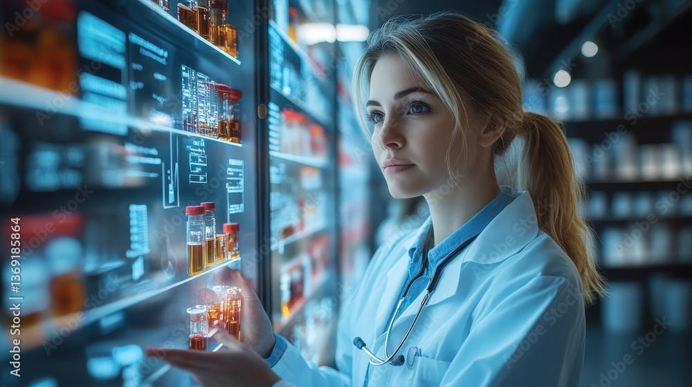 Focused Female Scientist Examining Digital Data Screen in Modern Laboratory Focused Female Scientist Examining Digital Data Screen in Modern Laboratory