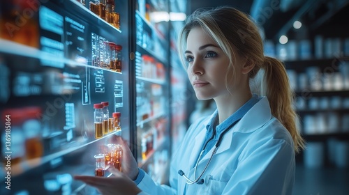 Focused Female Scientist Examining Digital Data Screen in Modern Laboratory